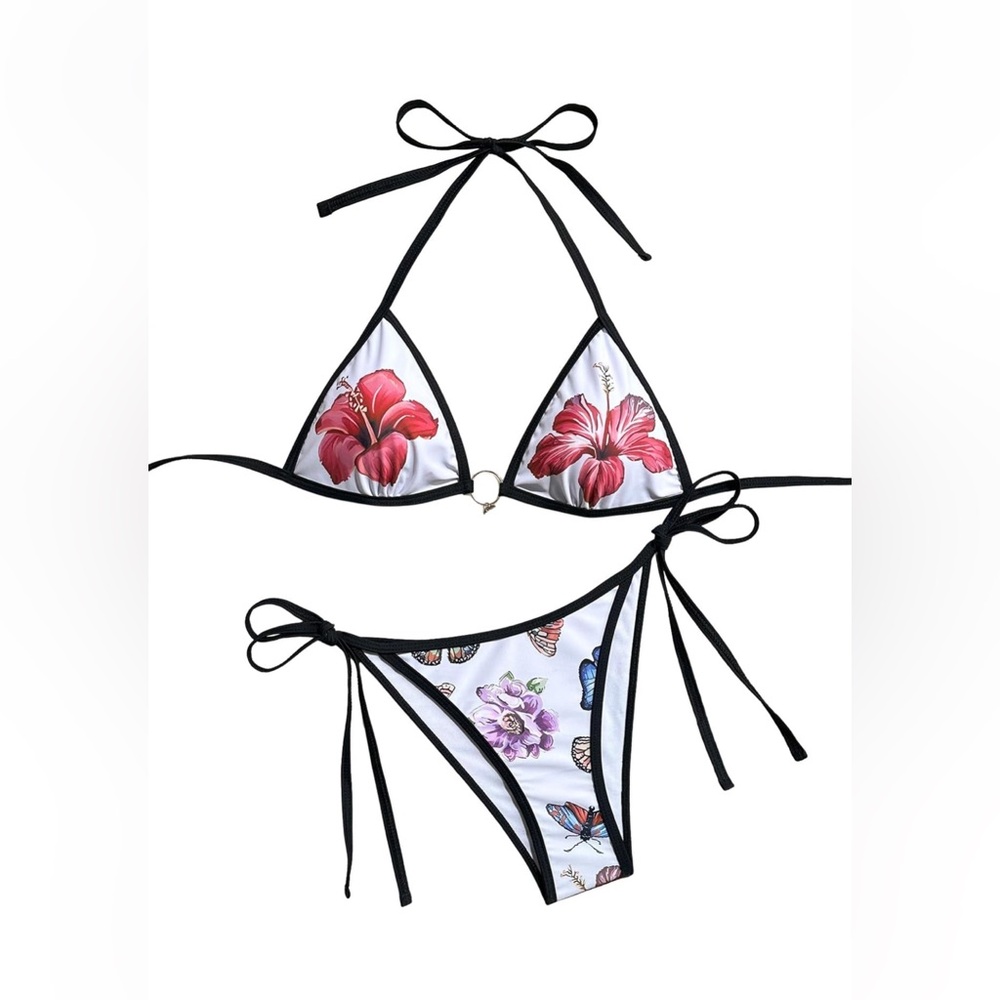 Floral Tie-Side Triangle Bikini - White with Pink Floral Print